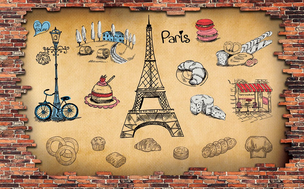 Paris Şehri İkonları Sembolleri Cafe Duvar Kağıdı