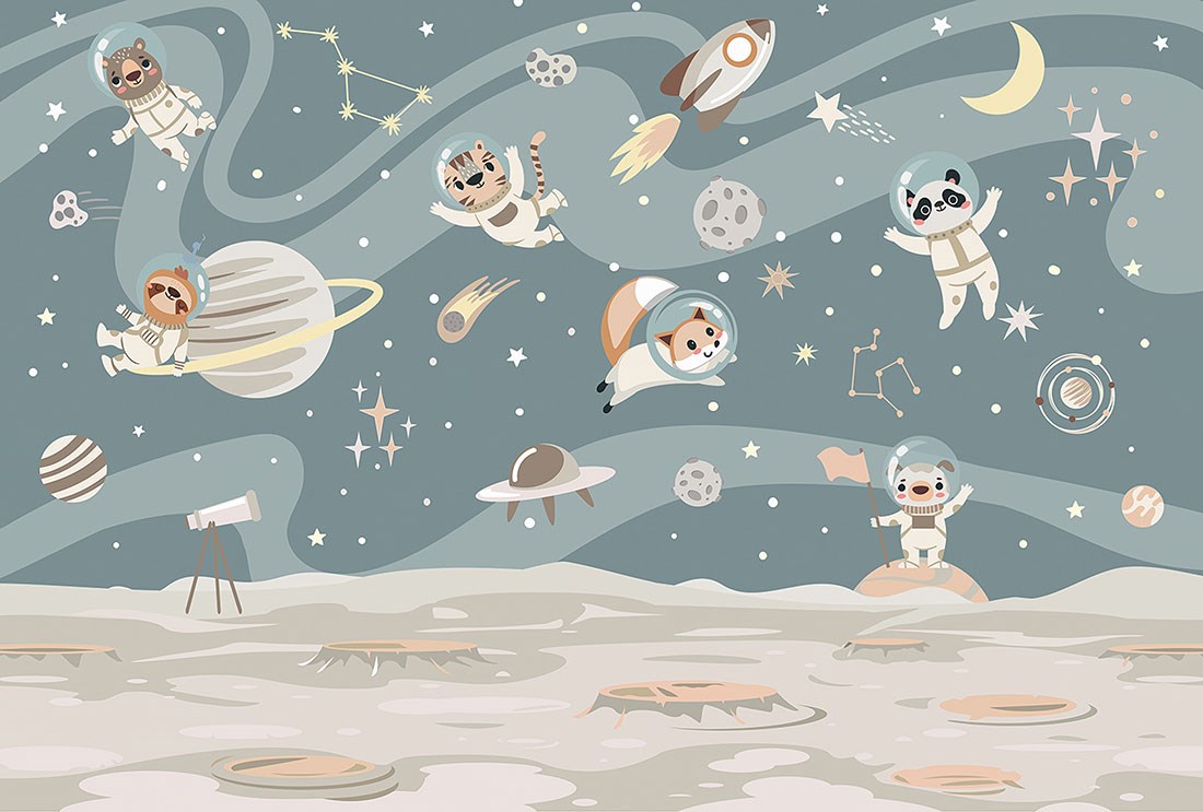 Astronot Kıyafetli Uzayda Uçan Sevimli Hayvanlar Çocuk Odası Duvar Kağıdı