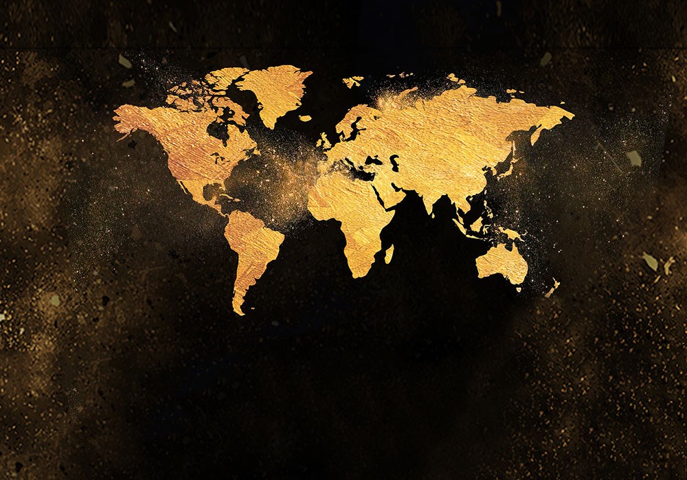 Siyah Sarı Renklerde Makam Odası Dünya Haritası Tek Parça Duvar Kağıdı