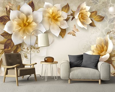 3 Boyutlu Krem  Altın Renkli İnci Çiçeği Çok Etkileyici Oturma Odası Duvar Kağıdı