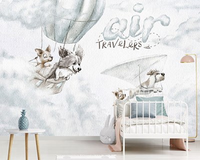 Hayalperest Hayvanlar Gökyüzünde Uçan Köpekler Retro Tarz Çocuk Bebek Odası Duvar Kağıdı