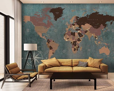 Ülke İsimleri Yazılı Rustik Tarz Dünya Haritası Duvar Kağıdı