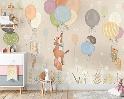 Uçan Balonlarla Uçan Hayvanlar Bebek Odası Duvar Kağıdı