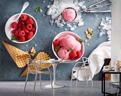 Çilekli Dondurma Resimli 3 Boyutlu Dondurmacı Duvar Kağıdı