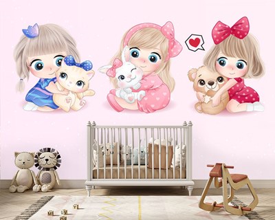 Çok Sevimli Üç Kız Bebek ve Kedi Resimli Duvar Kağıdı Modelleri