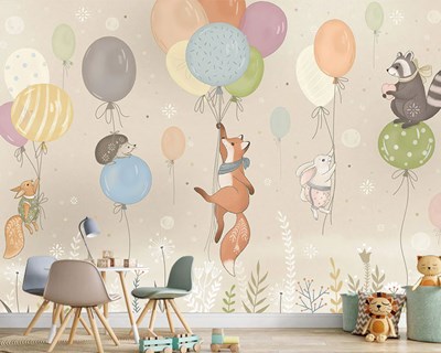 Uçan Balonlarla Uçan Hayvanlar Bebek Odası Duvar Kağıdı