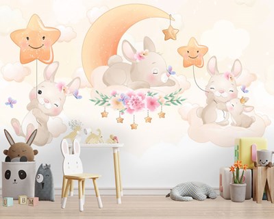 Ay Dede ve Bulutlar Üzerinde Uyuyan Tavşanlar Bebek Odası Duvar Kağıdı Modelleri