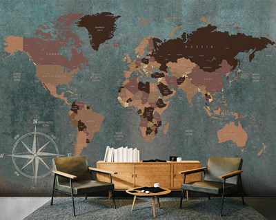 Ülke İsimleri Yazılı Rustik Tarz Dünya Haritası Duvar Kağıdı