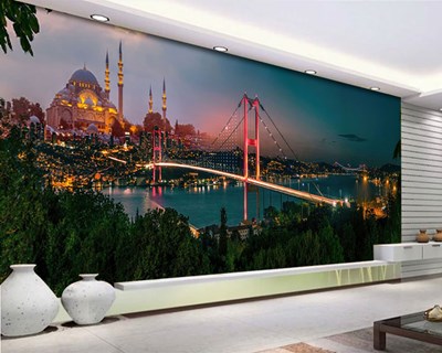Boğazdan Sultan Ahmet Cami İstanbul Gece Manzarası 3D Duvar Kağıdı