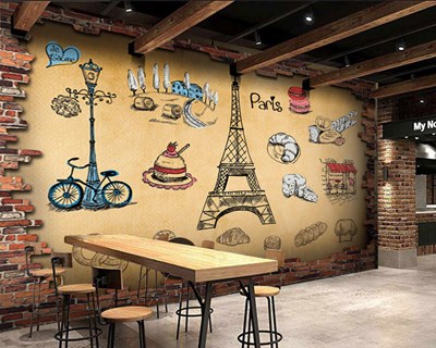 Paris Şehri İkonları Sembolleri Cafe Duvar Kağıdı