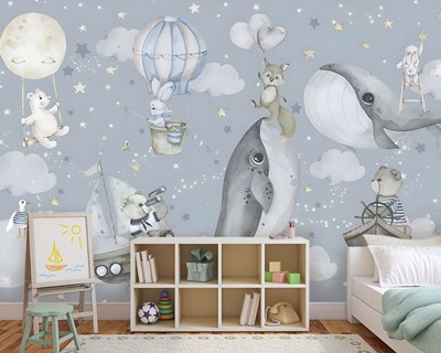 Uçuk Mavi Zeminde Sarı Minik Yıldızlar Hayvanlar Bebek Çocuk Odası duvar Kağıdı