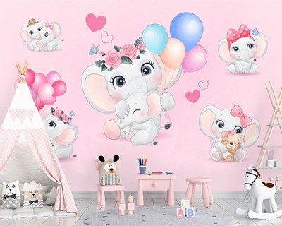 Çok Sevimli Beyaz Yavru Filler Resimli Kız Bebek Odası Duvar Kağıdı Modelleri
