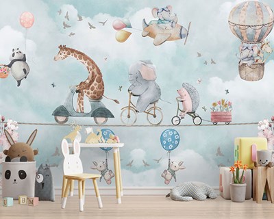 Bisiklet Süren Zürafa ve Fil Bebek Çocuk Odası Duvar Kağıdı
