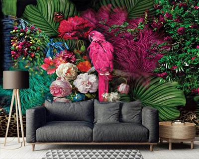Tropikal Rengarenk Orman Çiçekleri Ve Pembe Papağan 3D Duvar Kağıdı