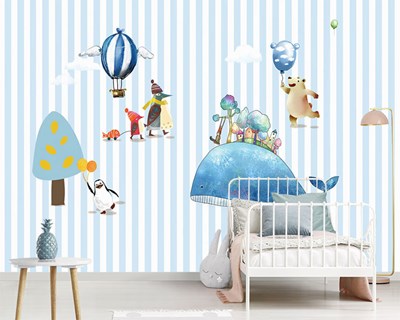 Mavi Beyaz Çizgili ve Hayvan Resimli Bebek Odası Duvar Kağıdı