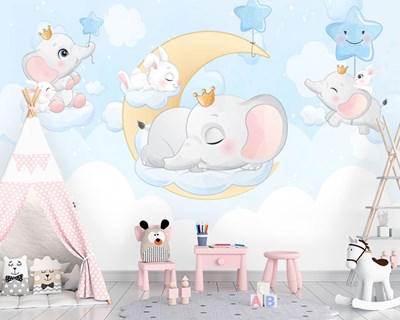 Ay Dedede Uyuyan Beyaz Yavru Fil Mavi Yıldızlar Bebek Odası Duvar Kağıdı Modelleri