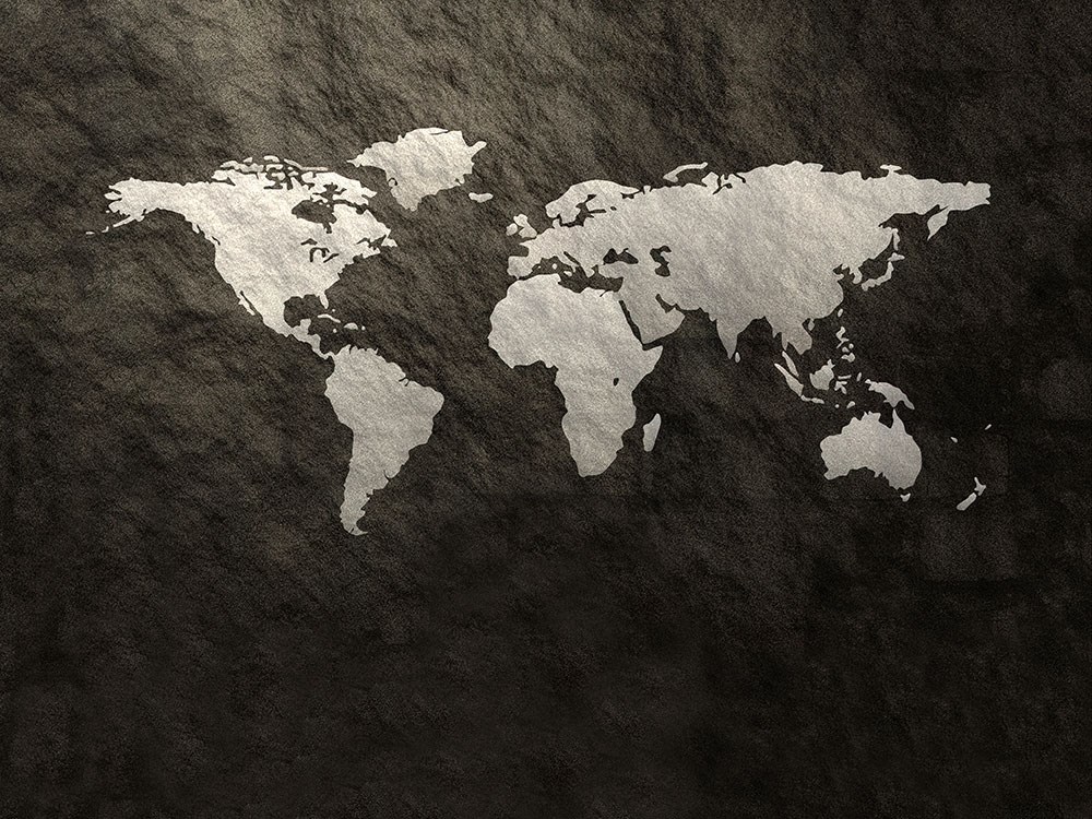Siyah Beton Zeminde Beyaz Çizgi Dünya Haritası 3D Makam Odası Duvar Kağıdı