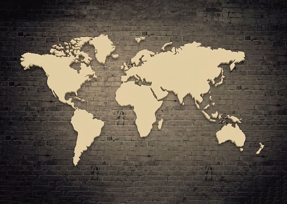 Siyah Tuğla Zeminde Krem Rengi Dünya Haritası 3 Boyutlu Duvar  Kağıdı