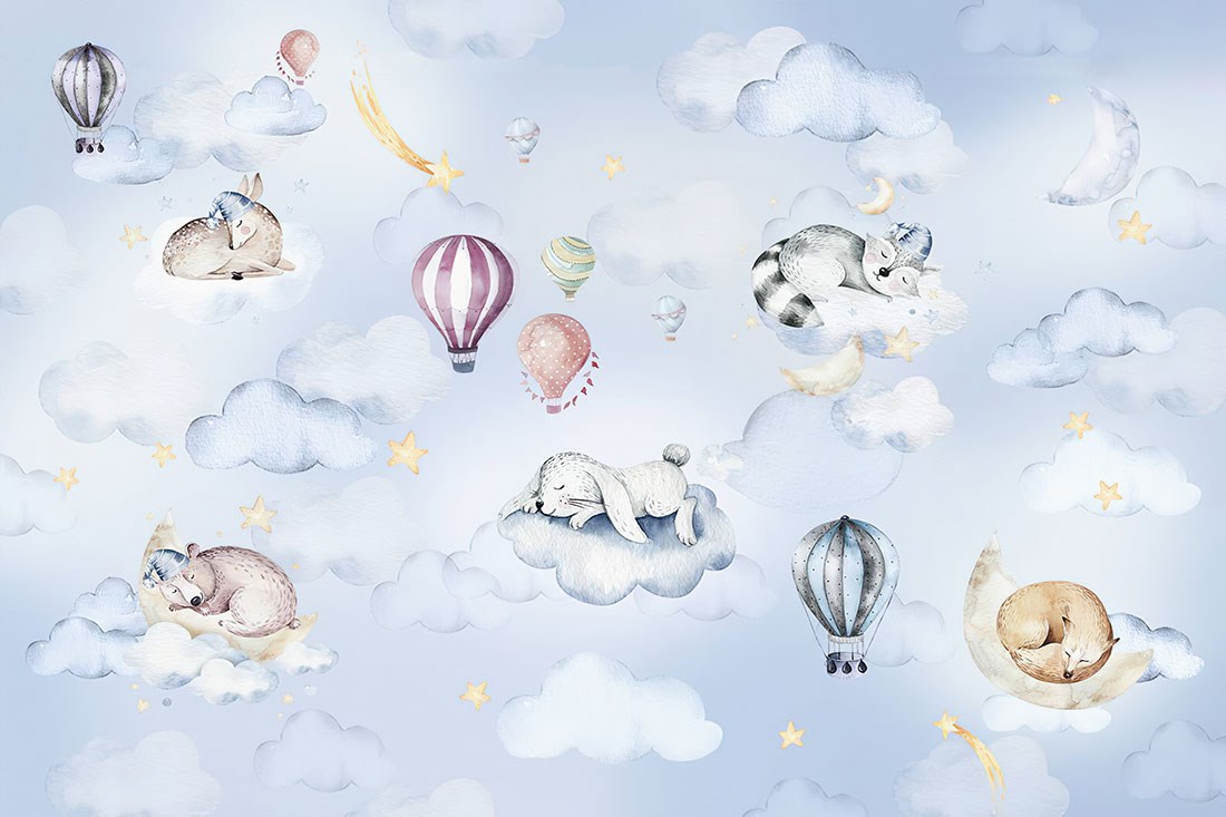 Bulutlarda Uyuyan Yavru Hayvanlar Bebek Odası Duvar Posteri