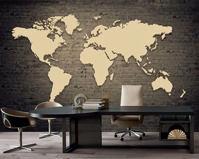 Siyah Tuğla Zeminde Krem Rengi Dünya Haritası 3 Boyutlu Duvar  Kağıdı