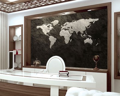 Siyah Beton Zeminde Beyaz Çizgi Dünya Haritası 3D Makam Odası Duvar Kağıdı
