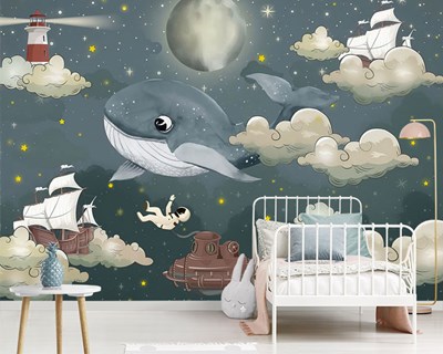 Gökyüzünde Yüzen Sevimli Balina Bulutlar Tatlı Bebek Odası Çocuk Duvar Kağıdı