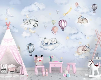 Bulutlarda Uyuyan Yavru Hayvanlar Bebek Odası Duvar Posteri