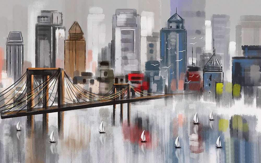 Yağlı Boya Çizim Gibi Şehir Manzarası Soyutsal 3D Duvar Kağıdı Emlak Ofisi için