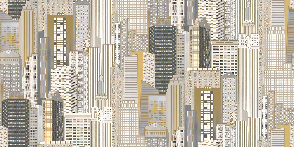 Sarı ve Gri Tonlarda Binalar ve Şehir Manzarası Emlak Ofisi Duvar Kağıdı Modeli
