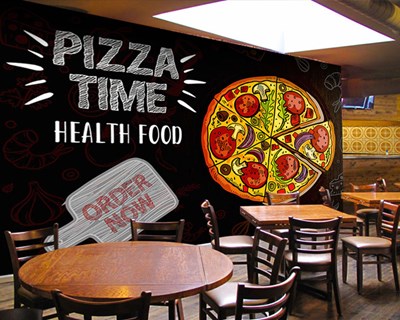 Pizza Food Yazılı Grafiti Çizim Pizza Resimli Cafe Duvar Kağıdı