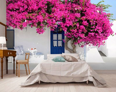 Beyaz Ev Mavi Bahçe Kağıdı Pespembe Ağaç 3 Boyutlu Duvar Kağıdı