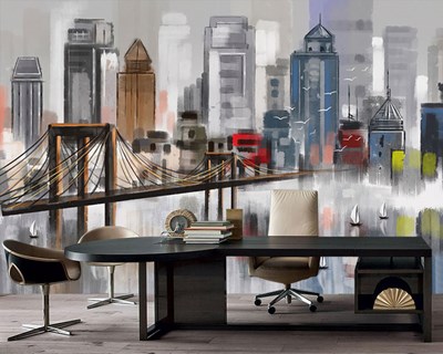 Yağlı Boya Çizim Gibi Şehir Manzarası Soyutsal 3D Duvar Kağıdı Emlak Ofisi için