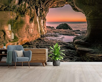 Deniz Kenarında Kaya Mağarası 3D Günbatımı Duvar Kağıdı