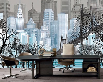 New York Şehir Binalar Vektörel Çizgisel Emlak Ofisi Gayrimenkul Sektörü 3 Boyutlu Duvar Kağıdı Modeli