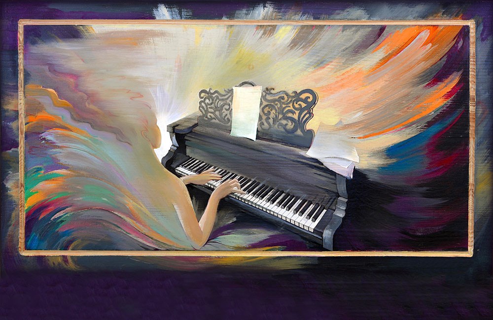 3D Piyano Çalan Sanatsal Boyalı Kadın Duvar Kağıdı 