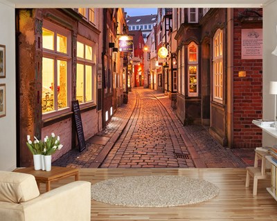 3 Boyutlu Cafeler Sokağı Akşam Manzarası Duvar Kağıdı Modeli