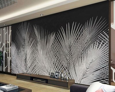 Siyah Zeminde Gri Tonlarda Uzun Sivri Yaprak Desenli TV Arkası İçin Duvar Kağıdı Modeli