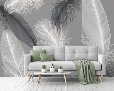 Beyaz Ve Gri Kuş Tüyü Desenli TV Arkası Duvar Kağıdı Modeli