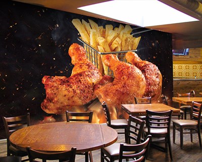 Tavuk ve Patates Kızartması Resimli 3 Boyutlu Cafe Duvar Kağıdı Modeli