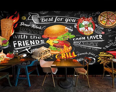 Hamburger Pizza Cola Resimli Cafe İçin Duvar Kağıdı Modeli
