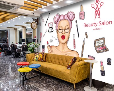 Beuty Salon Yazılı Pembe Saçlı Vektörel Çizim Güzellik Salonu Bayan Kuaförü Duvar Kağıdı Modeli