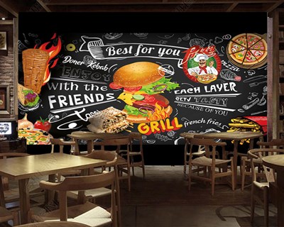 Hamburger Pizza Cola Resimli Cafe İçin Duvar Kağıdı Modeli