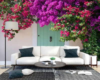 Yazlık Ev Turkuaz Renkli Ahşap Kapı Pembe Yeşil Çiçek Bahçesi 3D Duvar Kağıdı
