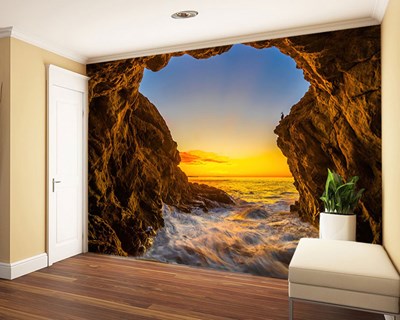 Kayalık Denizde Güneşin Batışı Dalgalar 3D Duvar Kağıdı