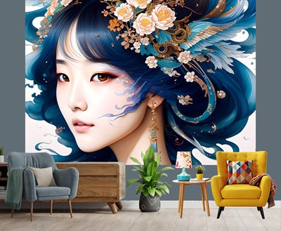 Mavi Çiçek Saçlı Kız Duvar Kağıdı 