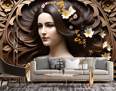 Ahşap Dalgalı Saçlı Kadın Duvar Kağıdı 3D