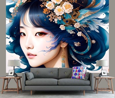 Mavi Çiçek Saçlı Kız Duvar Kağıdı 