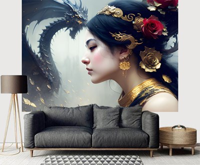 Ejderha ve Asya Prensesi Fantastik Duvar Kağıdı 3D