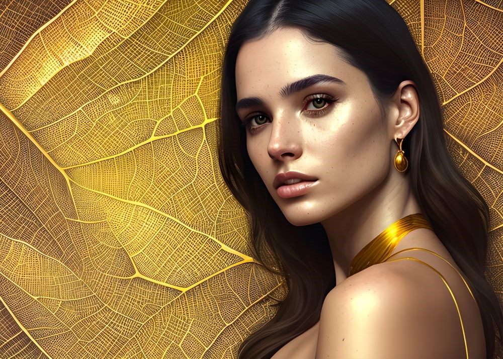 Altın Desen Kumaş Zeminli Kadın Yüzü 3D Duvar Kağıdı 