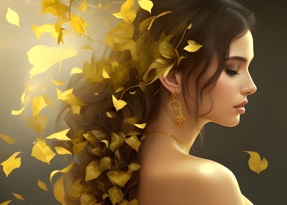 Saçlarında Altın Yapraklı Bayan Kuaför Duvar Kağıdı 3D